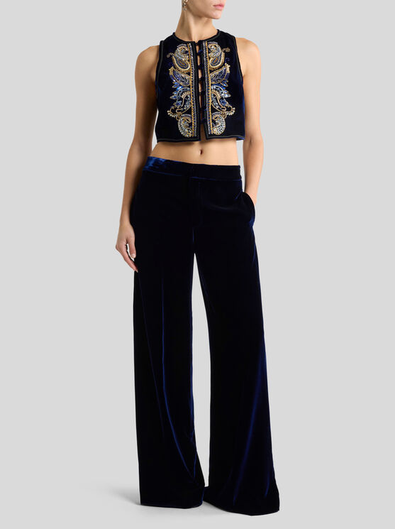 Etro , Cropped Velvet Waistcoat With Paisley Foliage Embroidery, Woman, Blue, Size 42 In Black