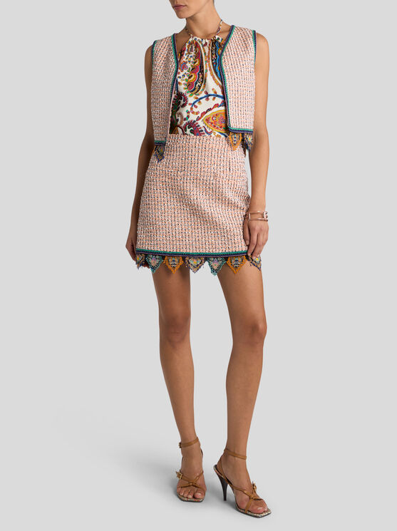 Etro , Cropped Jacquard Waistcoat With Tweed Effect, Fringing And Check Motif, Woman, Size 48