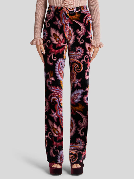 Etro Paisley Print Velvet Pants In Schwarz