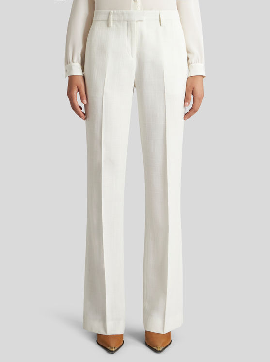 Shop Etro Slub Fabric Trousers In White