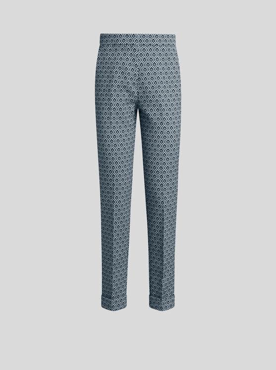 Etro Cotton Trousers With Medallions And Flowers In Navy Blue