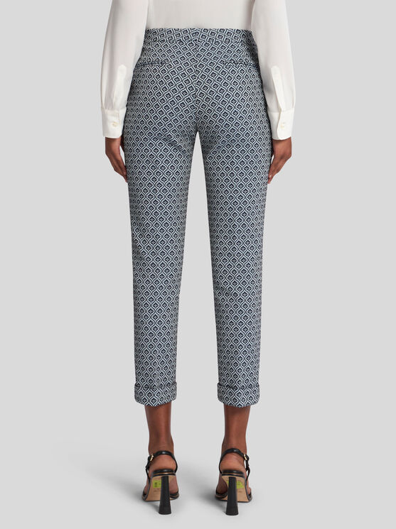 Etro Cotton Trousers With Medallions And Flowers In Navy Blue