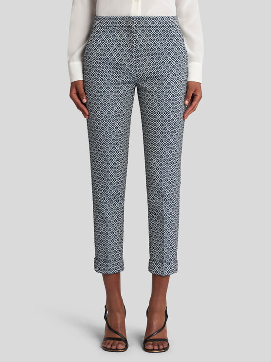 Etro Cotton Trousers With Medallions And Flowers In Navy Blue