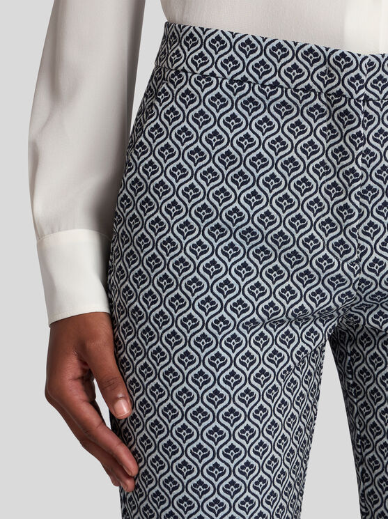 Etro Cotton Trousers With Medallions And Flowers In Navy Blue