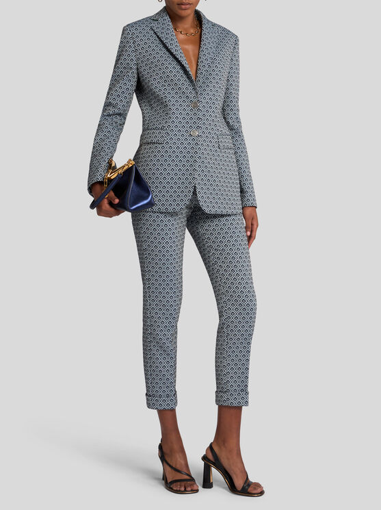 Etro Cotton Trousers With Medallions And Flowers In Navy Blue