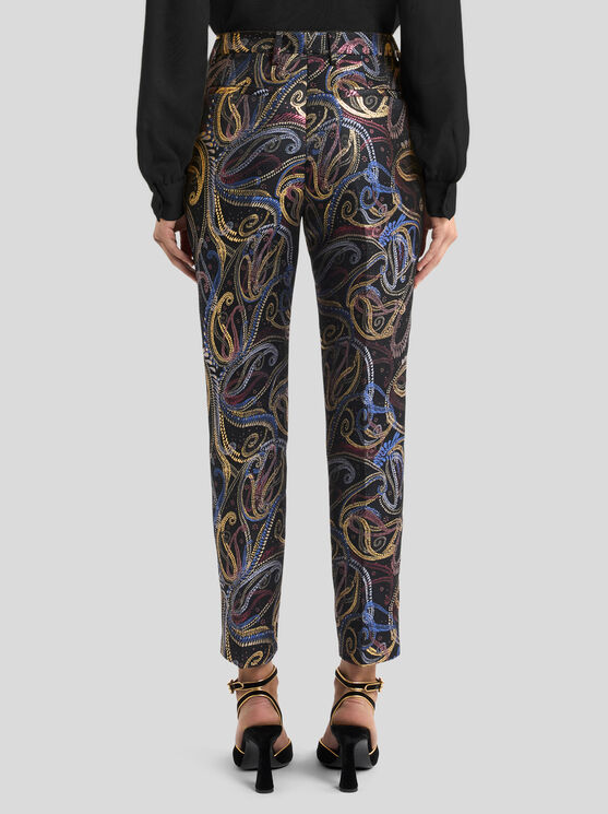 Etro , Cropped Trousers In Duchesse Jacquard With Paisley Foliage Motif, Woman, Black, Size 48 In Black