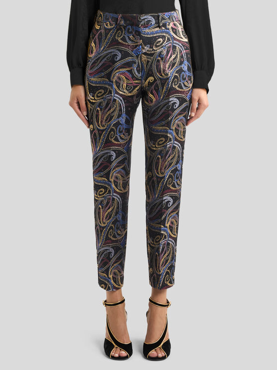 Etro , Cropped Trousers In Duchesse Jacquard With Paisley Foliage Motif, Woman, Black, Size 48 In Black