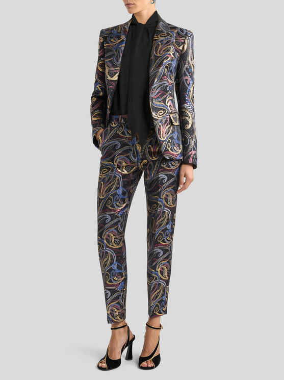 Etro , Cropped Trousers In Duchesse Jacquard With Paisley Foliage Motif, Woman, Black, Size 48 In Black