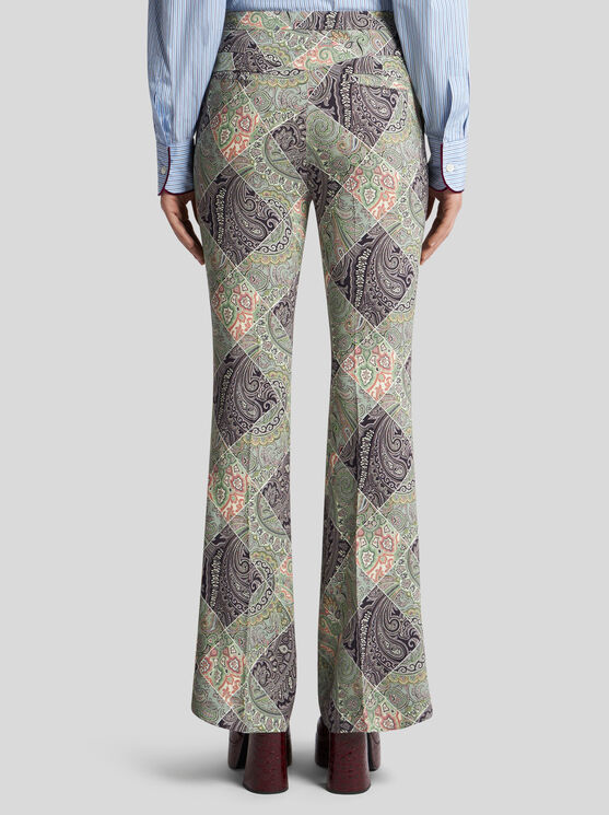 Shop Etro Flared Printed Cady Trousers In White