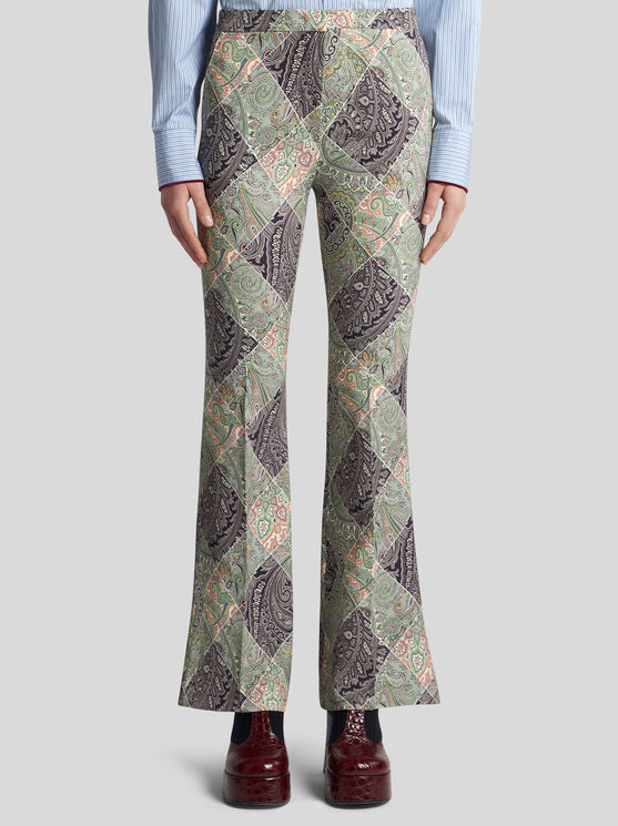 Shop Etro Flared Printed Cady Trousers In White