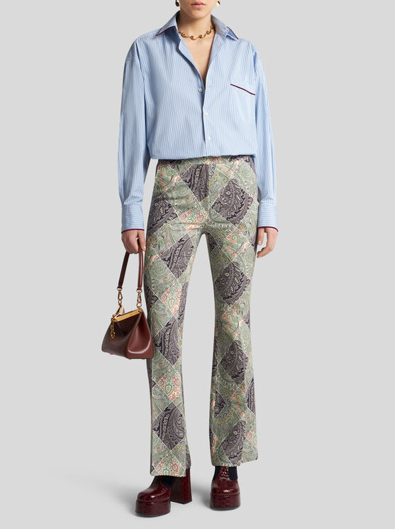 Shop Etro Flared Printed Cady Trousers In White