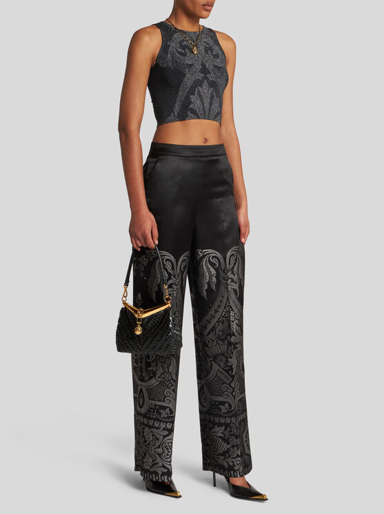 Shop Etro Silk Jacquard Palazzo Trousers In Grey