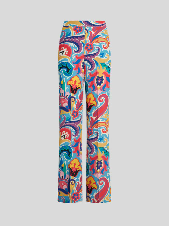 Etro , Silk Trousers With Floral Print, Woman, Multicolour, Size 50 In Multicolour