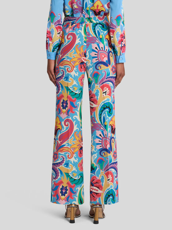 Etro , Silk Trousers With Floral Print, Woman, Multicolour, Size 50 In Multicolour
