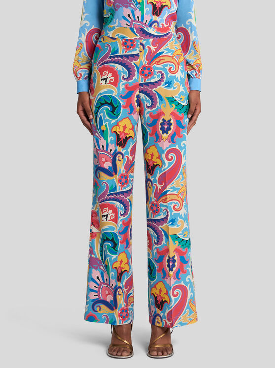 Etro , Silk Trousers With Floral Print, Woman, Multicolour, Size 50 In Multicolour