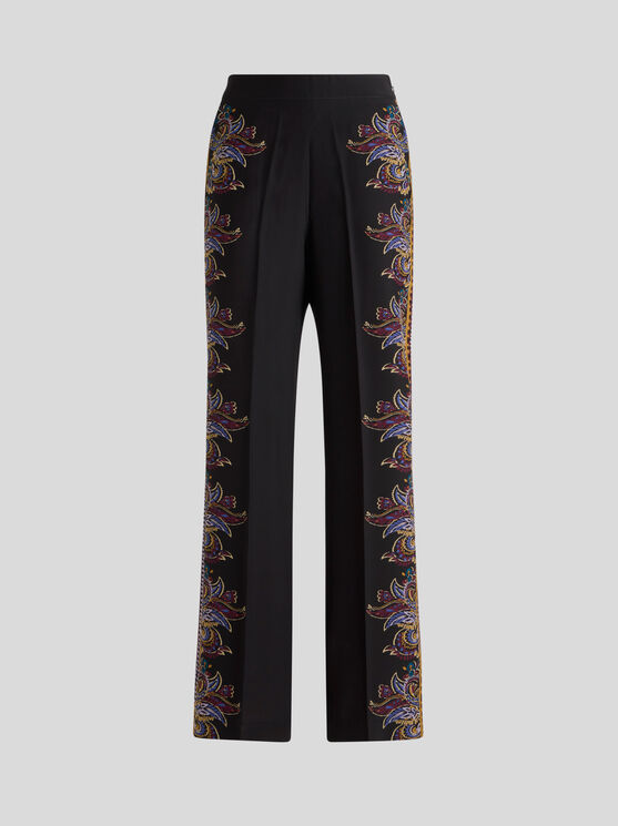 Etro , Silk Palazzo Trousers With Placed Paisley Foliage Print, Woman, Black, Size 50