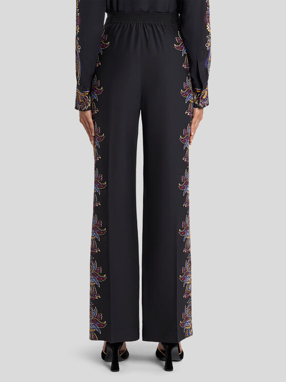 Etro , Silk Palazzo Trousers With Placed Paisley Foliage Print, Woman, Black, Size 50 In Black