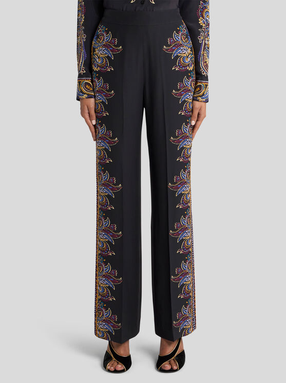 Etro , Silk Palazzo Trousers With Placed Paisley Foliage Print, Woman, Black, Size 50 In Black