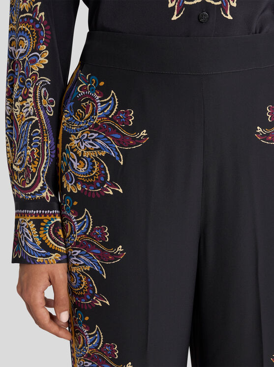 Etro , Silk Palazzo Trousers With Placed Paisley Foliage Print, Woman, Black, Size 50 In Black