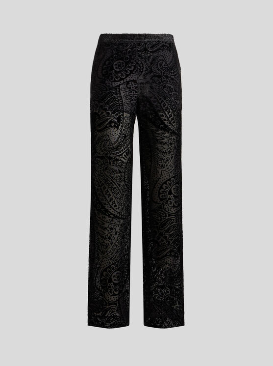 Etro , Burnout Velvet Palazzo Trousers With Floral Paisley Motif, Woman, Black, Size 42