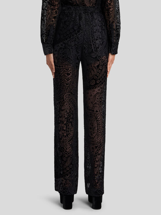 Etro , Burnout Velvet Palazzo Trousers With Floral Paisley Motif, Woman, Black, Size 42 In Black