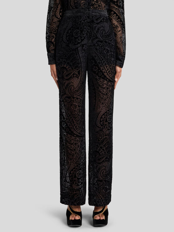 Etro , Burnout Velvet Palazzo Trousers With Floral Paisley Motif, Woman, Black, Size 42 In Black