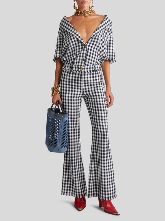 Shop Etro Slim-fit Gingham Trousers In Navy Blue