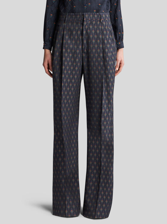 Shop Etro Jacquard Trousers In Navy Blue