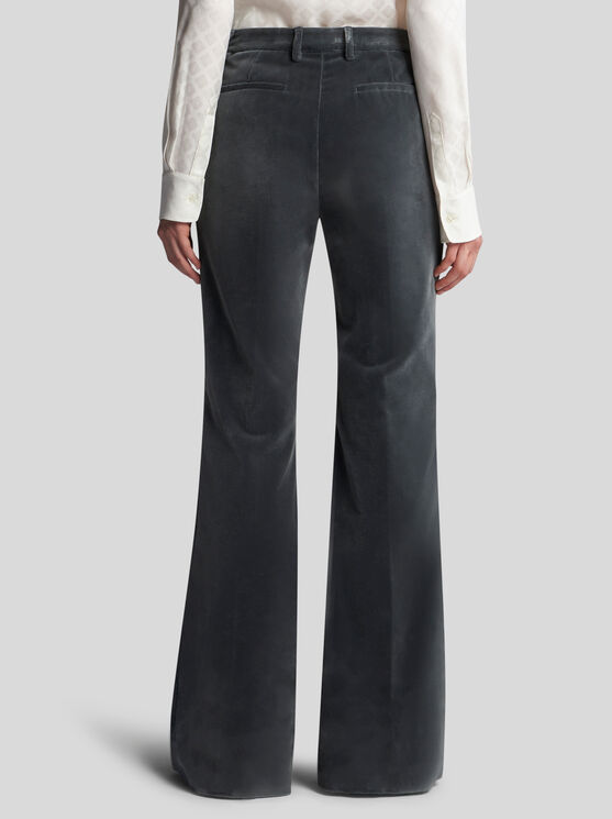 Etro Velvet Flared Hem Trousers Pockets In Navy Blue