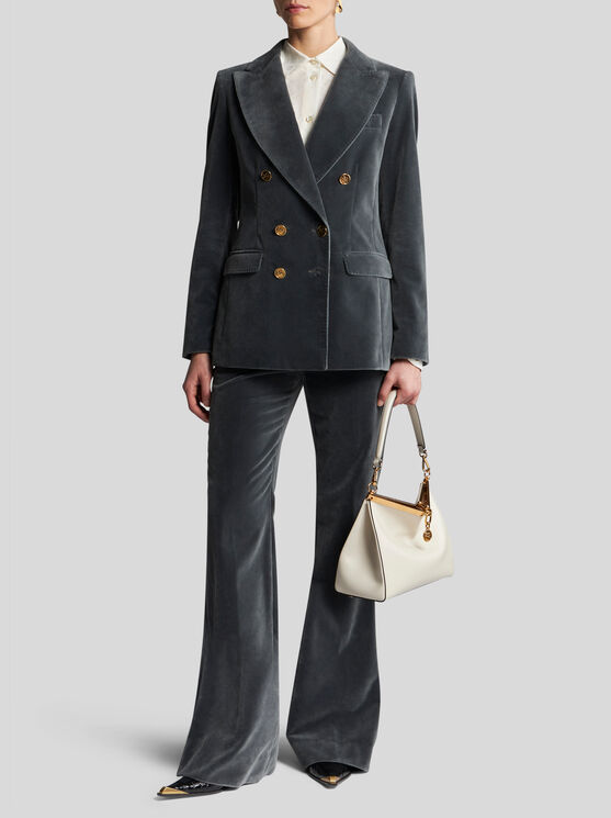 Etro Velvet Flared Hem Trousers Pockets In Navy Blue