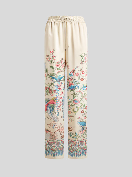 Etro , Wide-leg Trousers With Placed Flora And Fauna Print, Woman, White, Size 50