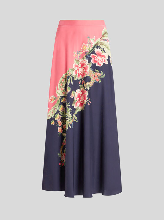 Shop Etro Crepe De Chine Skirt With Print In Navy Blue