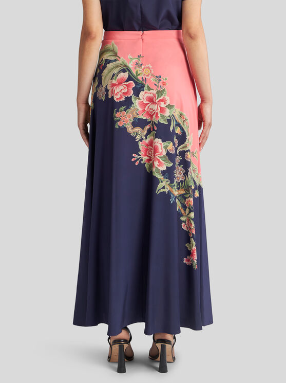 Shop Etro Crepe De Chine Skirt With Print In Navy Blue