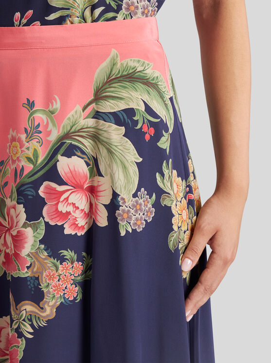 Shop Etro Crepe De Chine Skirt With Print In Navy Blue