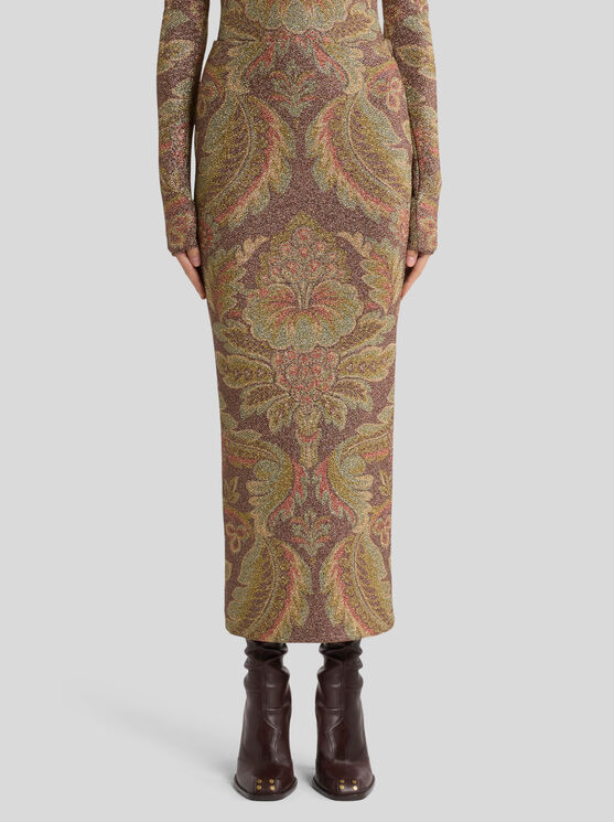 Etro Jersey Floral Motif Midi Skirt In Brown In Brown