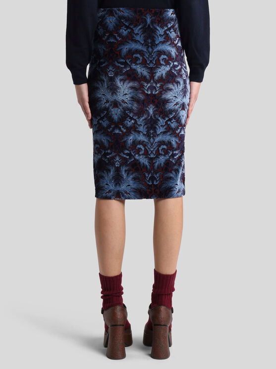 Etro Velvet Brocade Knee-length Skirt With Back Slit In Blue