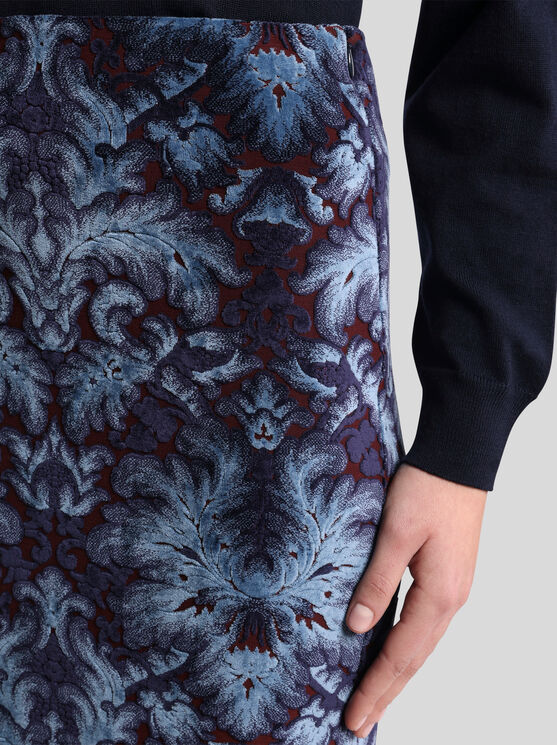 Etro Velvet Brocade Knee-length Skirt With Back Slit In Blue