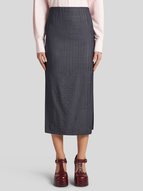 Shop Etro Wool-blend Pencil Skirt In Navy Blue