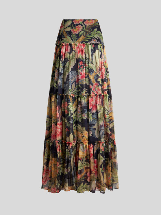 Etro Tiered Gathered Floral-print Silk-crepon Maxi Skirt In Navy Blue