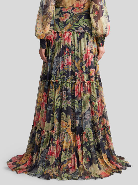 Etro Tiered Gathered Floral-print Silk-crepon Maxi Skirt In Navy Blue