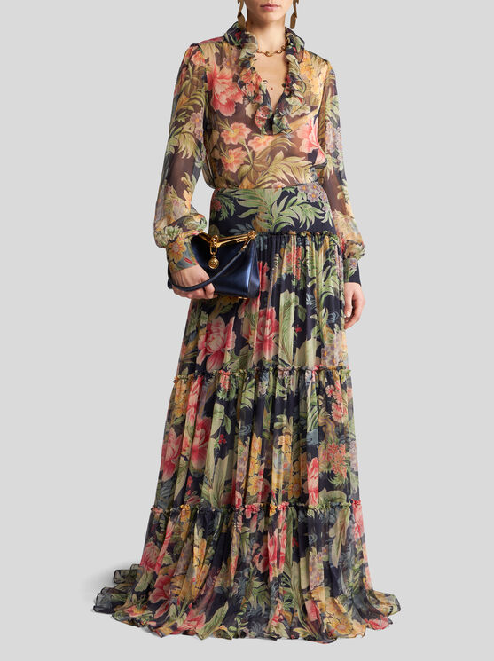Etro Tiered Gathered Floral-print Silk-crepon Maxi Skirt In Navy Blue