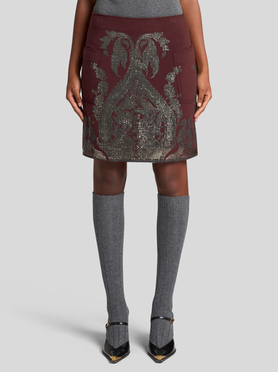 Shop Etro Mini Skirt With Metallic Print In Burgundy