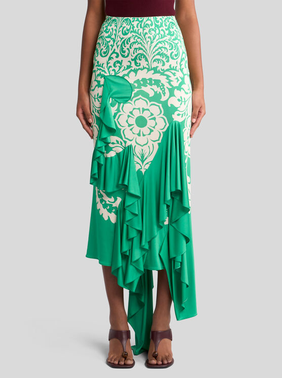 Etro Ruffled Printed Stretch-cady Midi Skirt In Grün