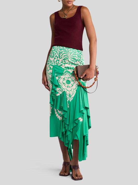 Etro Ruffled Printed Stretch-cady Midi Skirt In Grün