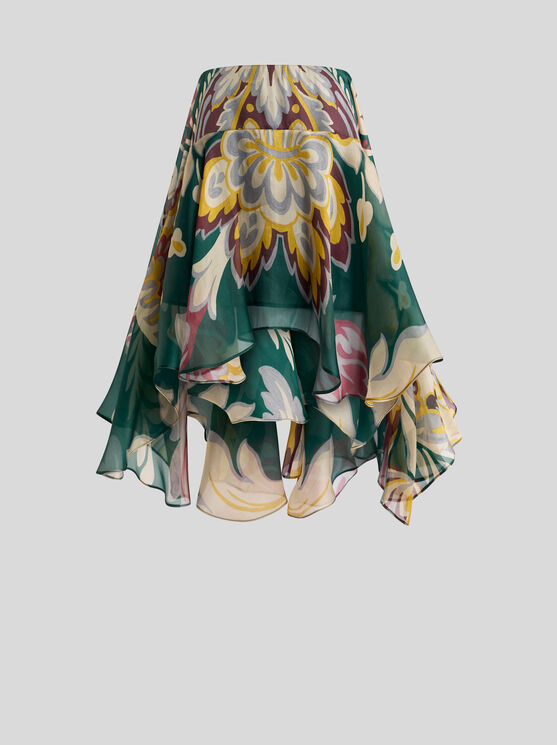 Etro Asymmetric Silk Midi Skirt With Floral Motif In Green