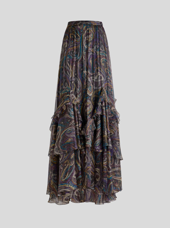 Etro , Silk Maxi Skirt With Paisley Foliage Motif, Woman, Black, Size 48