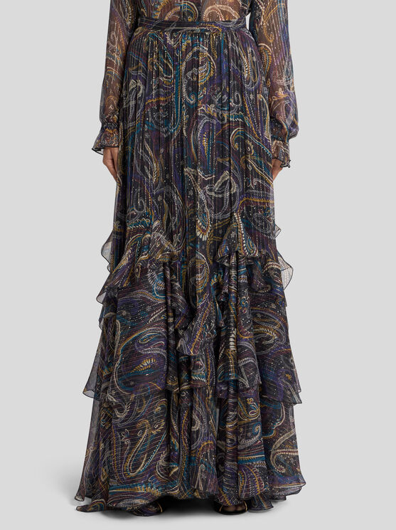 Etro Ruffled Paisley-motif Silk Maxi Skirt In Black