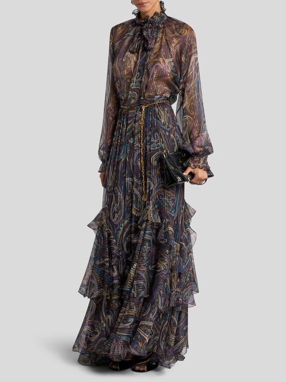 Etro Ruffled Paisley-motif Silk Maxi Skirt In Black