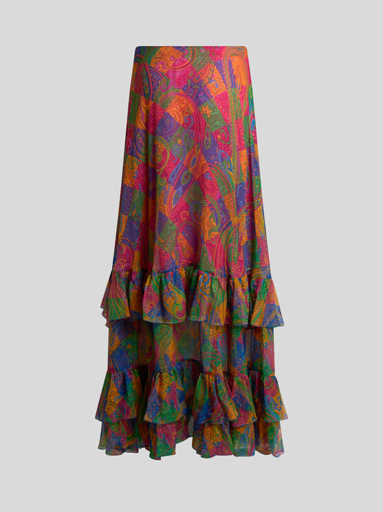 Etro , Silk Crepon Maxi Skirt With Ruffles And Geometric Paisley Motif, Woman, Size 46
