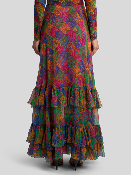 Etro , Silk Crepon Maxi Skirt With Ruffles And Geometric Paisley Motif, Woman, Size 46